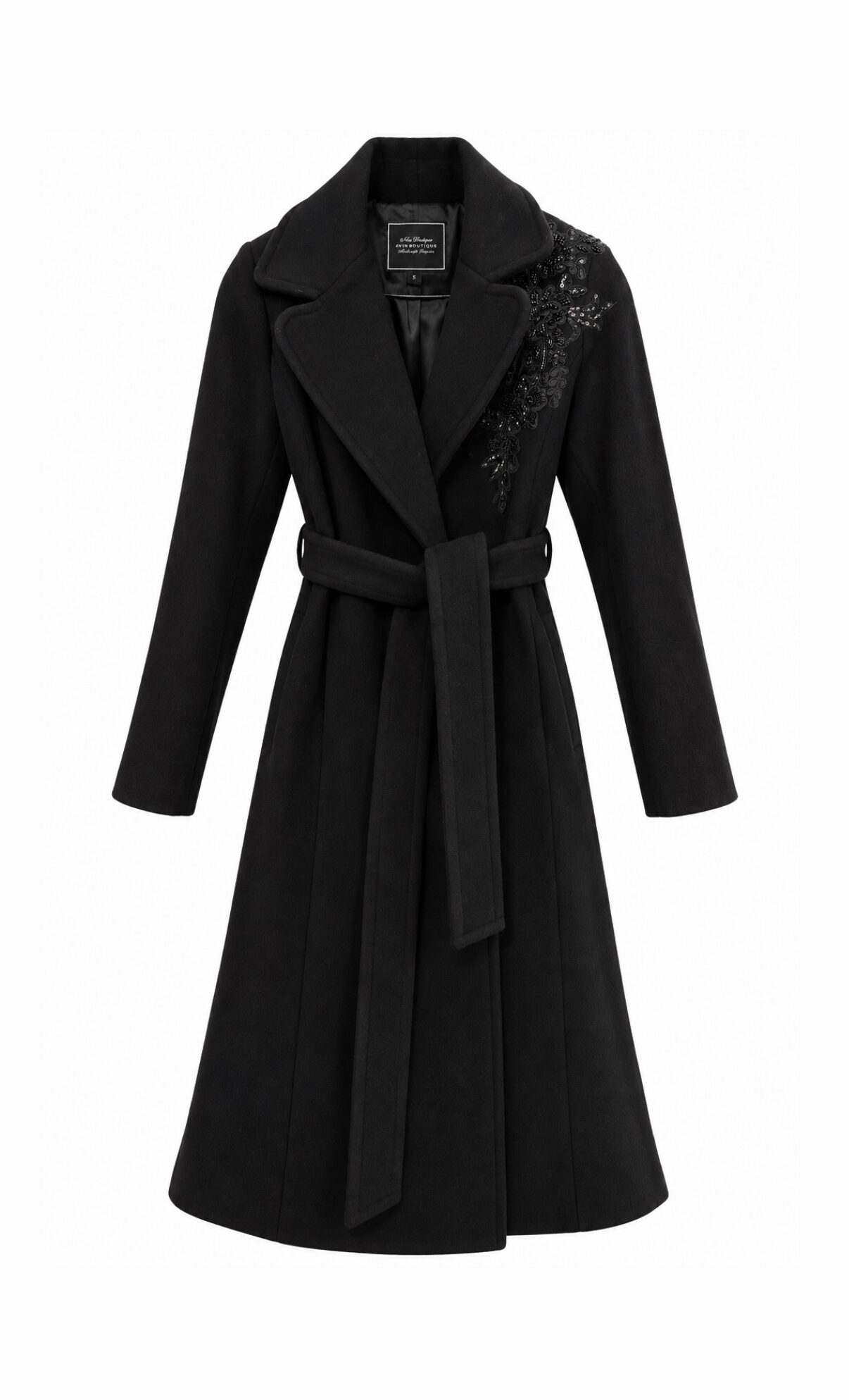 Палто Black Classy Wool Hand Made с дантелен акцент